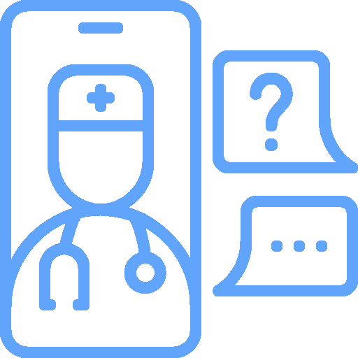 Icon of a doctor with a question mark and chat bubble indicating online consultation.