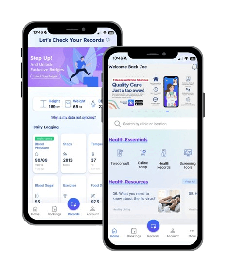 Two smartphones displaying the Health Frontier mobile app home screens